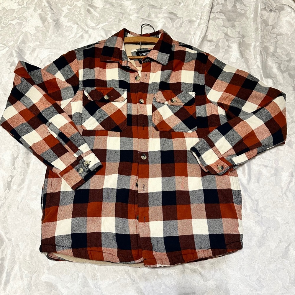 Canada Weather Gear Plaid Flannel Shirt Orange Black Sherpa Lined Jacket Pockets